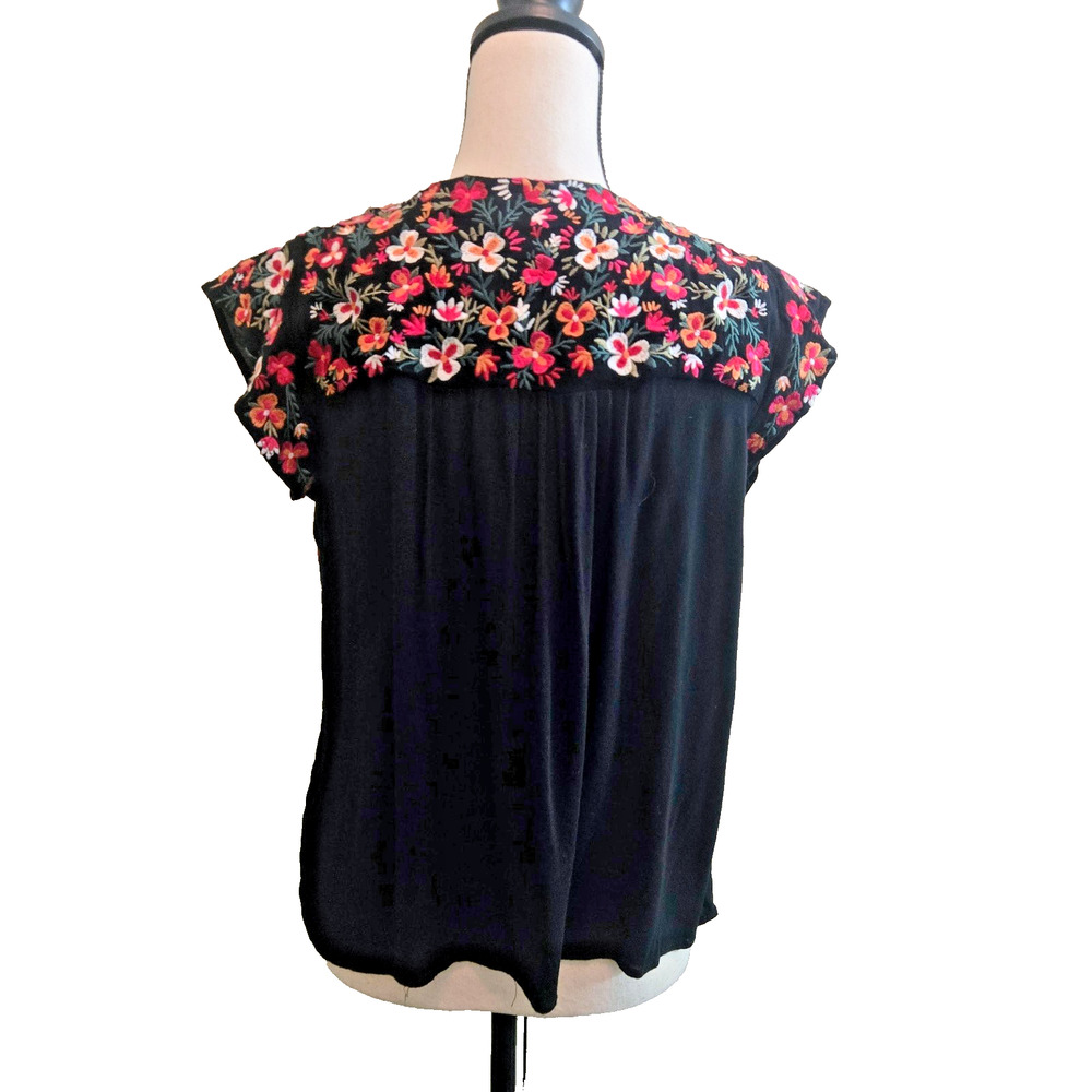 Savannah Jane Boho Peasant Hippie Mexican shirt black embroidered flowers M - Picture 8 of 13